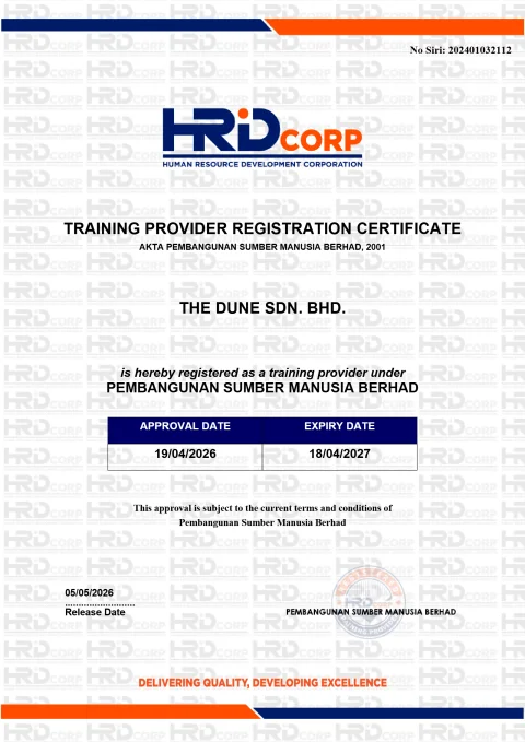 HRD Corp Training Provider Registration Certificate issued to The Dune Sdn. Bhd., certificate no. 202401032112, valid 19/04/2026 to 18/04/2027
